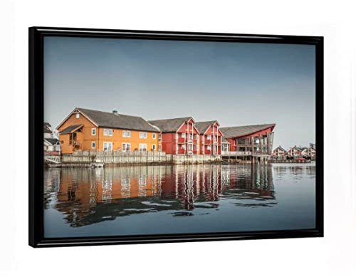 artboxONE Poster mit schwarzem Rahmen 18x13 cm Reise Norwegische Holzhäuser - Bild norwegen fischerdorf Fjord
