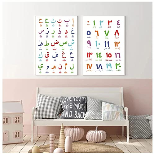 2 Poster Kinder lernen Arabisch Alphabet Dekoration Bilder Kinderzimmer Babyzimmer Verzieren Kunstdrucke Bunte Buchstaben Segeltuch Baby A3 ohne Rahmen