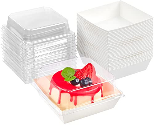 Kucoele Confezione da 50 scatole di carta per salumi con coperchio trasparente, scatole da forno da 10 cm, contenitori usa e getta per alimenti, per biscotti, fette di torte, snack, cioccolato e