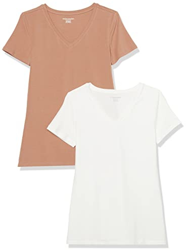 Amazon Essentials Women's Kortärmad V-ringad T-shirt klassisk passform, Pack of 2, Ljusbrun/Vit, M