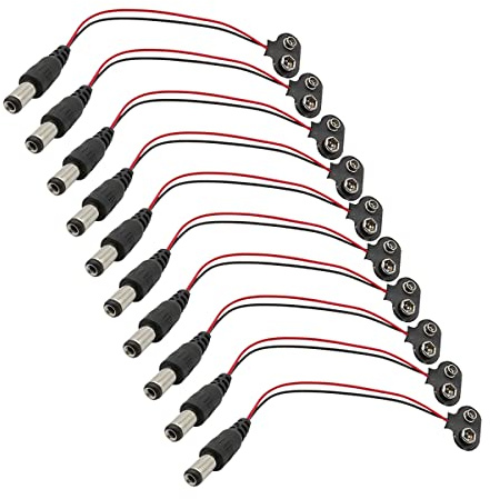 Hailege 10pcs 9V Batterieklemmen 9 Volt T-Typ Snap-on Leder Batterieschnalle Steckverbinder mit DC 5,5x2,1mm Stecker (T-Typ mit DC Stecker)