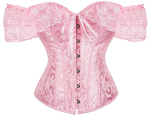 SHYMMUO Pink Corset Top for Women Off Shoulder Lace Up Renaissance Bustier Gothic Steampunk Corset Tops Halloween Costumes M