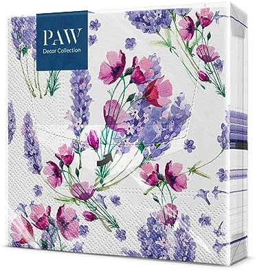 PAW - Napkins 3-Ply (33 x 33 cm) I 20 Pieces I Perfect for Birthdays, Parties, Weddings, Communion and Celebrations I Paper Napkins Colorful - Lavender, Flowers I Color: Fragrant Lavender