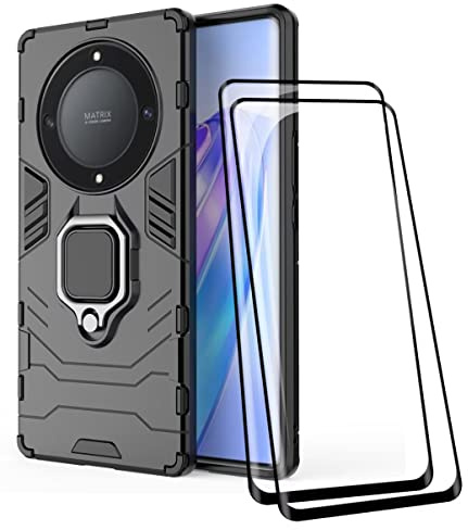 COMAKU Funda de Armor para el Honor Magic5 Lite 5G/Magic 5 Lite, Carcasa TPU+PC Antigolpes con Anillo Soporte [con 2 Pack Protector de Vidrio Templado para Pantalla ] - Negro