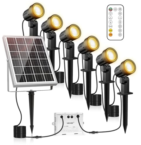 MEIKEE Luces Solares Led Exterior Jardin 6 en 1 Foco Solar de Jardín, RF Control Remoto, 2500K-6500K Regulable, 3 Modos, 3 Nivels de Brillo, IP66 Impermeable Iluminación para Árbole, Césped, Camino
