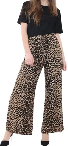 Prime fashions - Pantalones Palazzo de mujer lisos y acampanados – Pantalones de pierna ancha y acampanada – Cintura elástica – Ropa casual, Estampado De Leopardo, 40-42