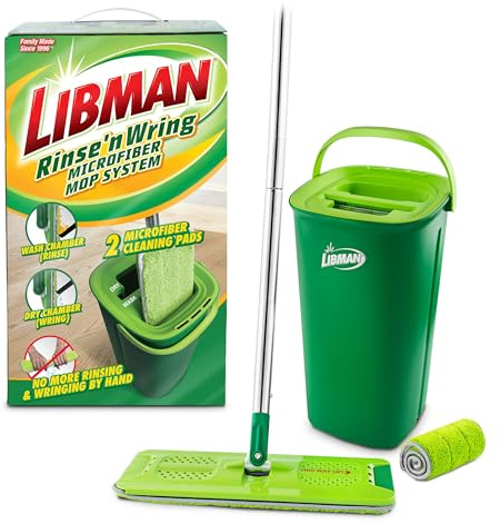 Libman Rinse 'n Wring Mop and Bucket System | Microfiber golvmopp | lövträgolvsrengörare | våt & torr mopp | Rengör och smutsiga vattenkammare | Squeegee Blade | 2 totalt mikrofiberkuddar