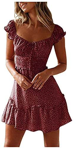 Miniklänning för damer, elegant, kort, blommigt klänning, flickor, rynkat bröst, korsett, A-linje, låg halsringning, svängande, volangkant, strandklänning, festklänning, semesterklänning