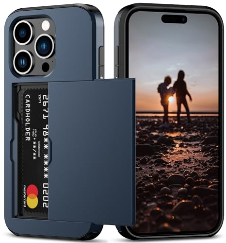 Nvollnoe Compatible with iPhone 15 Pro Case with Card Holder Heavy Duty Protective Dual Layer Shockproof Hidden Card Slot Slim Wallet Phone Cover for Women&Men 6.1 inch(Blue)