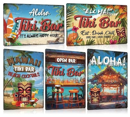 5er Set Retro Blechschild Tiki Bar - Hawaii Beach Cocktails Metallschild 20x30cm - ALOHA - Schild mit Spuch Lustig Witziger Deko Geschenk