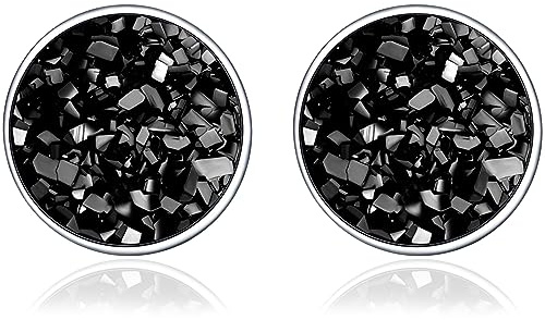 Runde Ohrringe Ohrstecker für Damen - 925 Sterling Silber Ohrringe mit schwarzen Zirkonia, Böhmisches Ohrring Schwarzer Glitzernder Runder Flacher Ohrstecker, Geschenk für Frauen Mädchen