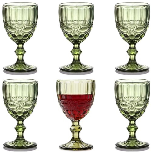 Taganov Vintage Glassware Green Drinking Glasses set of 6 Stemmed Water Goblets Colored Wine Drinkware 10 OZ for Wedding Party Bar Christmas