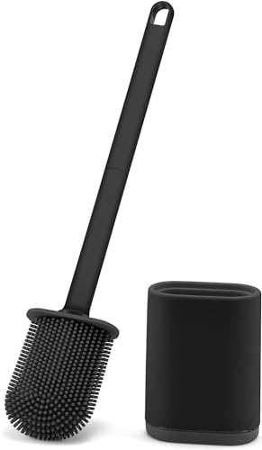 Feelhap Scopino WC Silicone,Spazzola WC Bagno con Supporto ad Asciugatura Rapida,Scopino per WC in Silicone Morbido Spazzolone Bagno WC,Spazzola da Toilette a Parete per Bagno,Nero
