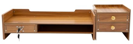 HuKaiL Monitorständer Schreibtisch Holz, Ablage Schreibtisch Monitorerhöhung mit 3 Schubladen Fächern und 2 Arbeitsplatten, Tischregal Regalaufsatz Monitorerhöhung für Zuhause und Büro(48.5*18.5*13.5)