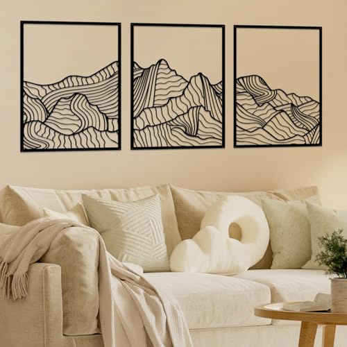 ruelen 3 Stück Strichzeichnung Berge Metall Wanddeko, Schwarzer Minimalistische Wanddekoration, Rustikale Natur Zuhause Wandkunst Skulptur Für Schlafzimmer Wohnzimmer Flur Küche Büro
