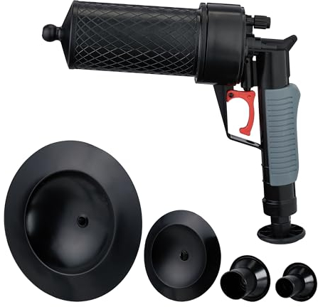 Relaxdays Limpiador Tuberías Aire Comprimido, Desagües Obstruidos, Lavabo, WC y Ducha, 4 Accesorios, Desatascador, Negro, 27 x 9 x 30 cm