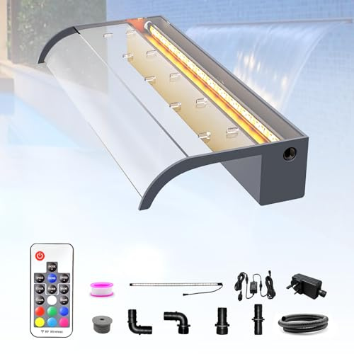 LONGRUN Kit de Cascada de Piscina de 60 cm, Fuente de Estanque de acrílico, con luz LED RGB, Ancho 25,5 cm