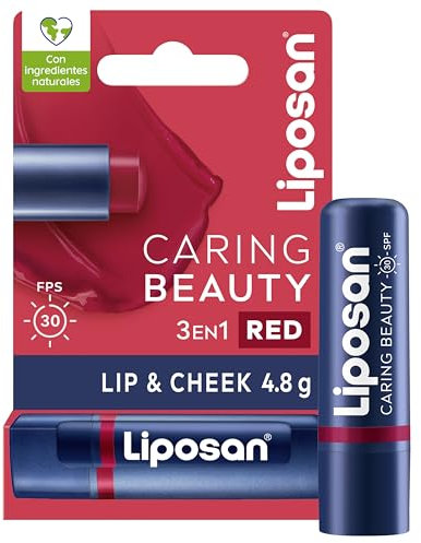 Liposan Caring Beauty Lip and Cheek Red, bálsamo de labios y colorete en barra de tono rojo, protector labial en stick 3 en 1 para un look sencillo, 1 x 4,8 g
