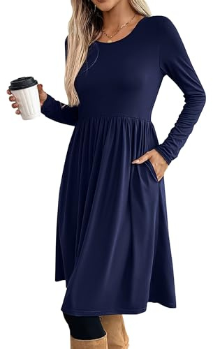 ONAYEYO Dam höst elegant rund krage långärmad knälång klänning ledig lös tunika klänningar empire-midja aftonklänning enfärgad basic fritidsklänning blusklänning med fickor, Mörkblå, S