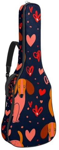 Gitarrentasche für Akustikgitarre mit zwei Taschen, rosa Wursthund mit Liebe, wasserabweisend, doppelt verstellbarer Schultergurt, Gitarrentasche, Pink Sausage Dog With Love, 42.9x16.9x4.7 in,