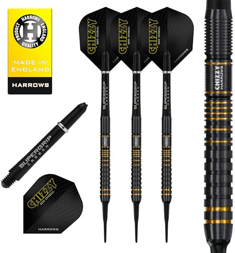 Harrows Dave Chisnall Chizzy Serie 3 Spieler-Dart-Set | Professionelle Darts 90% Wolfram Soft-Tip | Alle Gewichte Pro Darts | 10-teiliges Set mit Supergrip Carbon Midi Schäften