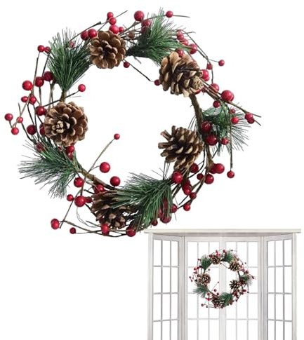Corona di Natale pre-illuminata,Corona di Natale per porta con luci - Corona di porta natalizia a cono di pino da 8 pollici | Decorazione artificiale della parete della finestra interna, ornamento del