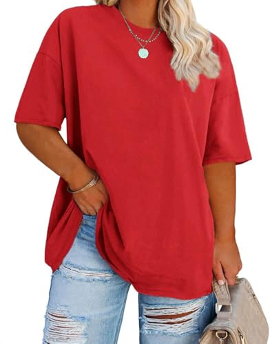 Fisoew Maglietta da Donna di Grandi Dimensioni, a Mezza Manica con Scollo a V, Estiva, Casual, Oversize, a Maniche Corte, in Cotone