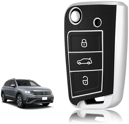 TOOMUME Funda Llave Silicona, Carcasa Llave Apto para VW Volkswagen Golf 7 Polo Tiguan Taigo Seat Leon Ibiza Skoda Octavia Superb Fabia, Cubierta Llaves Borde Dorado & Plateado Textura Cuero