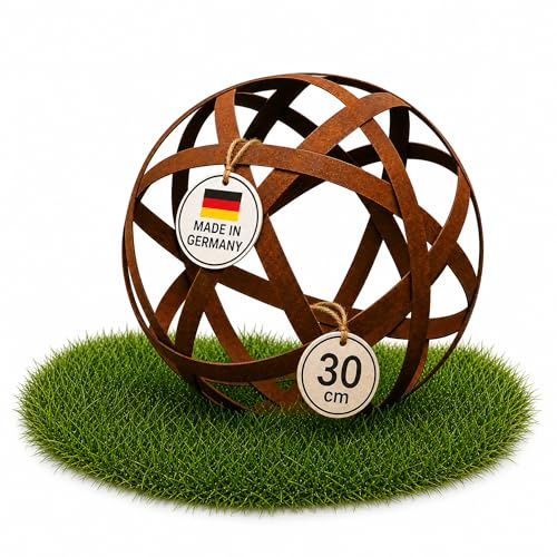 Der-Porzellan-Laden Gartendeko für draußen wetterfest – Rostdeko Kugel aus Metall in Edelrostoptik, offenes Streifen-Design, Ø 30 cm, Gartenkugel für Garten, Terrasse & Balkon