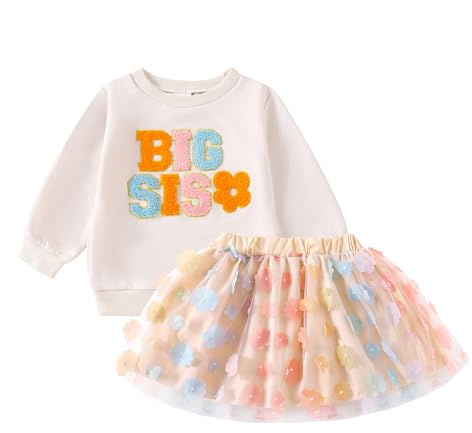BeliBacca Big Sister Gift Little Sister Spring Fall Outfit Embroidery Letter Flower Jumper Sweatshirt Tulle Tutu Skirt Toddler Baby Girl Clothes Set (Big Sister, 18-24 Months)