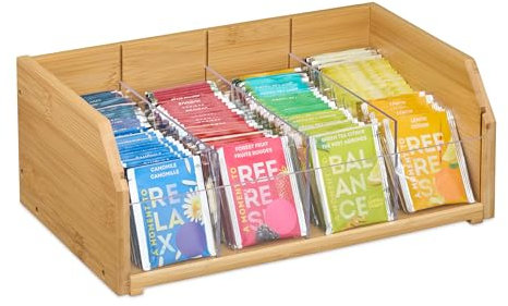Relaxdays Scatola Organizer con 4 Scomparti Porta Bustine da tè e Tisane, HLP 12x31x19 cm, Cassetta in bambù, Naturale, Plastica