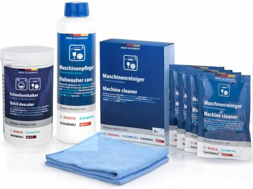 Kit Pulizia Completo Lavastoviglie Professionale compatibile con Bosch Siemens Gaggenau Neff 4 x 45gr, 1 x 250ml curalavastoviglie liquido, 1 x 250 grammi decalcificante polvere, 1 panno microfibra