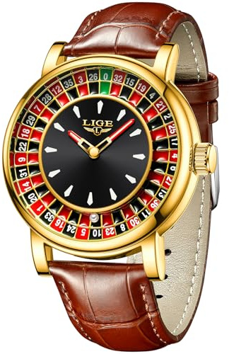 LIGE Uhren Herren Gold, Quarz Analog Armbanduhr Herren, Europäisches Kompassdesign, Gelb-braun Lederband, 3AM Wasserdicht（3M）, Herrenuhr Leuchtzeiger, Business Modern Freizeit