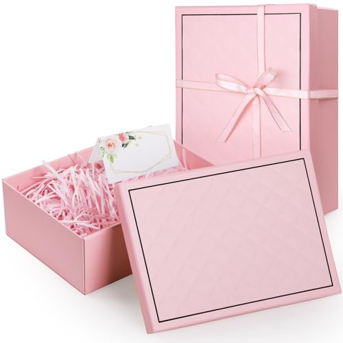 Joogee Geschenkboxen mit Schleife und Papierschnitzelfüllung, 24,9 x 18,8 x 8,5 cm, Karton-Geschenkbox mit Deckel, Blanko-Karte für Geburtstag, Hochzeit und Feiertage (Rosa)