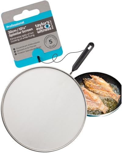 Stainless Steel Splatter Guard – 32cm Fine Mesh Frying Pan Protector With Comfortable Plastic Handle. Easy Clean, Dishwasher Safe, Durable Anti-Splash Shield For Cooking, Frying, Boiling, Steaming