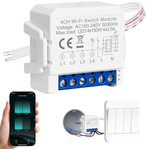 RDTOK Interruptor Inteligente WIFI, Mini Interruptor WiFi con control desde 4 puntos, Interruptors de Luz Inteligente, Interruptors Alexa con Smart Life/Tuya, Smart Switch con Alexa/Google Assistant