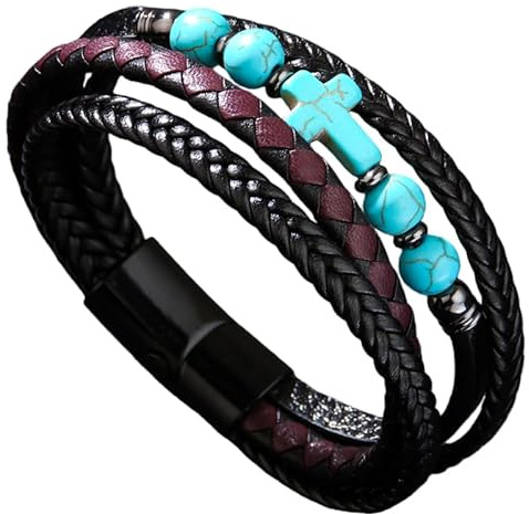 HUIANGLIYG Bracelet Croix En Cuir Et Pierre Pour Homme, Bracelet Classique Tressé À La Main, Plusieurs Couches, Fermoir Magnétique, Bijou Religieux Pour Homme Et Femme, Bleu Turquoise, 21 Cm