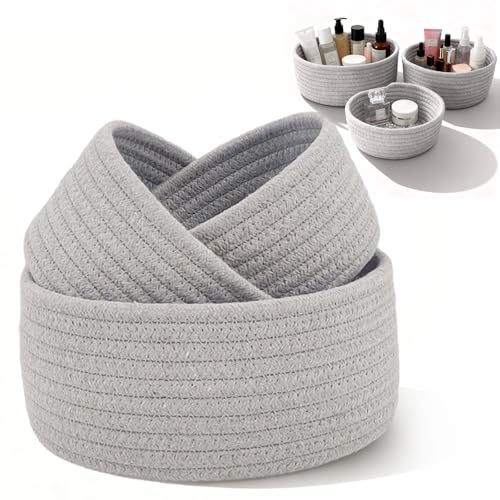 3 Stück Aufbewahrungskorb Geflochten, Baumwollseil Aufbewahrung Körbe | Grau Korb Geflochten Stapelbare Badezimmer Strickkorb Rund Organizer Wickeltisch für Babyzimmer Schlafzimmer Lagerung