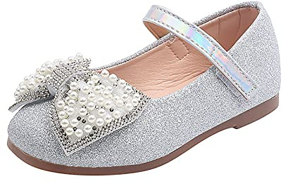 YIzdegg Flicka prinsesskor – Mary Jane-skor med fjärilsballerina, glitter, platta skor, fest, flickskor, festliga dopskor, bröllop, kostym, skor för småbarn, barn, silver, 24 EU