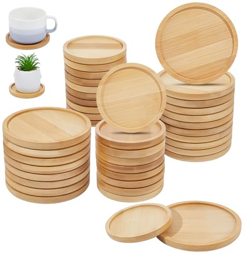 DELORIGIN 40 posavasos redondos de bambú de 3,15 x 3,94 pulgadas, posavasos de madera natural, paquete grande, bandeja de bebidas, platillos para manualidades, mesa, suculentas, hogar, cocina, bar