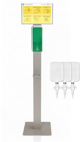 Blanc HYGIENIC Cosmos Sensor-Desinfektionsstation Grün-Weiß + 3 L | Freistehende Sensor-Desinfektionsstation mit Edelstahl-Bodenständer, 3 × 1 Liter und bis zu 3.000 Anwendungen