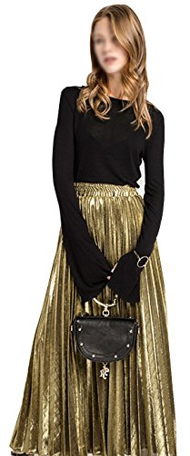 Milya Damen Lang A-Linie Plisseerock Maxi Faltenrock Blingbling