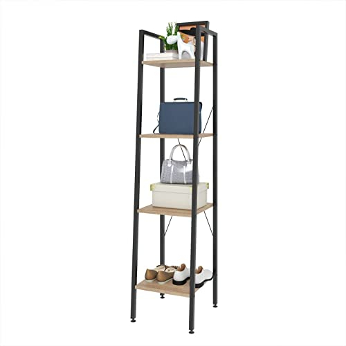 eSituro Scaffale Libreria a Scala Scaffale Porta oggetti in Acciaio Legno 4 Ripiani Design Industriale Scaffalatura Multifunzionale per Cucina Soggiorno Rovere Chiaro+Nero SSTR0021