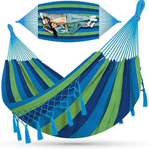 KESSER® Hängematte 320x150 cm belastbar bis 300 kg, wetterfeste & atmungsaktive Tuchhängematte mit Fransen für 1-2 Personen – Ideal für Camping, Garten & Outdoor, inkl. Beutel, Seile & Gurte, Blau