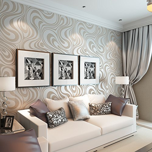 YangYun moderno abstracto curva 3D sin pegar papel tapiz a rayas flocado decoración del hogar papel tapiz para sala de estar Gris Crema. 2,3 'W x 27,56' L
