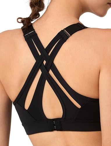 Yvette Sport BH Starker Halt Verstellbar Träger Gekreuzt Rücken Große Größen für Fitness Lauf Yoga, Schwarz, M