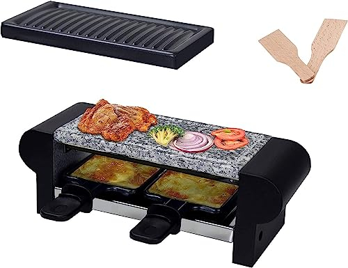 HASAYAKI Barbacoa raclette eléctrica 350 w para 2 personas con placa de piedra, placa de cocción antiadherente, 2 moldes para queso, 2 espátulas en madera de haya bc-1002_eu_vc
