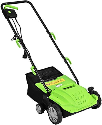 Green 13 12Amp 2-in-1 Function Corded Electric Scarifier Lawn Dethatcher Walk-Behind Lawn Mowers Electric Weeder Electric Grass Trimmer 40L Collection Bag 2 Blades 3 Position Dept Adjustment