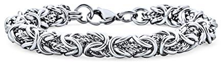 Biker Jewelry Two tone Byzantine Chain Mechanic Double Link Mens Bracelet Men Black Silver Or Gold-Tone Stainless Steel Heavy Flexible 8.5, 9 Inch