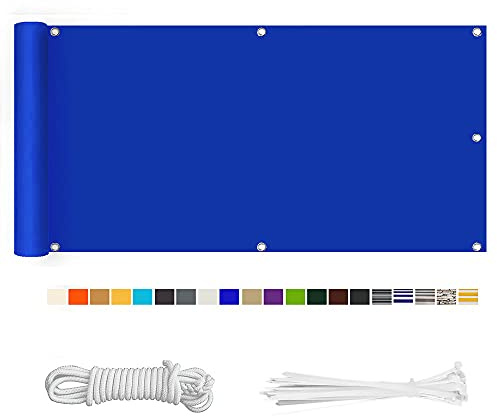 HERILIOS Balkon Sichtschutz, Balkonabdeckung 220 g/m² Innen Balkonverkleidung UV-Schutz (210Größen&21Farben) Ohne Bohren mit Ösen Kabelbinder und Kordel für Balkongeländer Terrasse, 90X1000CM Blau